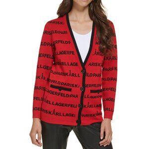 Karl Lagerfeld Sweater Women’s All Over Logo Cardigan Size M Red Black NEW